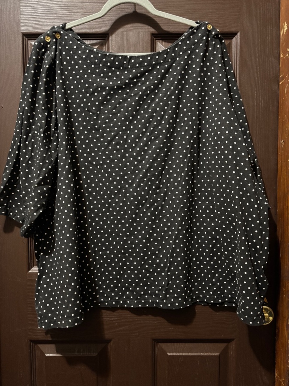 Vintage Black Polka Dot Boatneck Top Gold Shoulder Buttons 3/4 Sleeves
